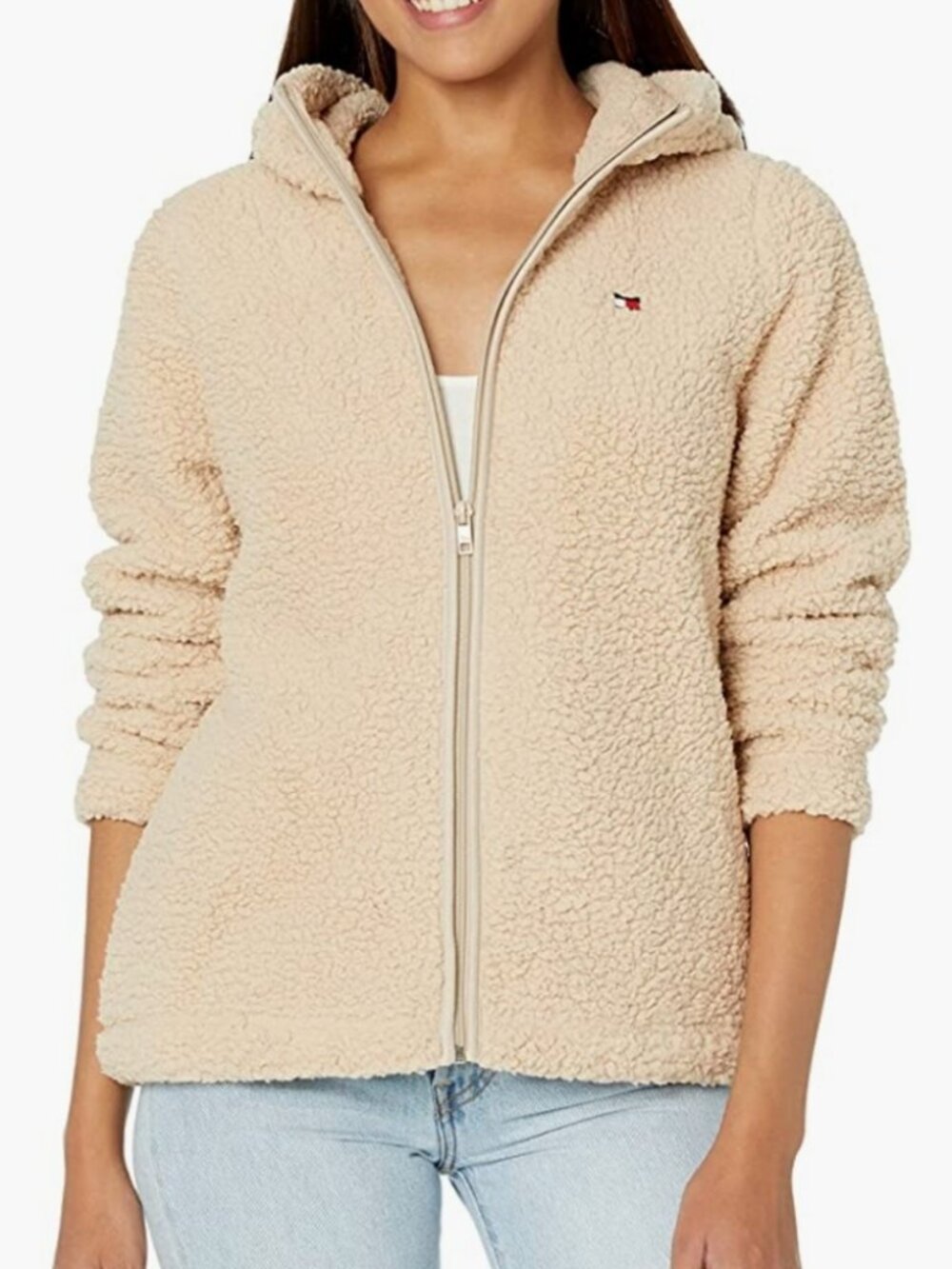 Tommy Hilfiger Women's Beige Tan Fuzzy Cozy Sherpa Zip-Up Hoodie Sweater